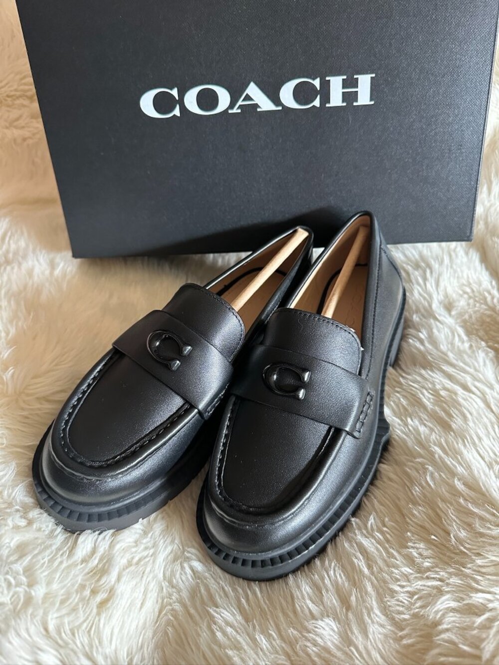 NIB Coach CCM08 Leah Leather Chunky Logo Platform Loafers In Black Size US5/EU35